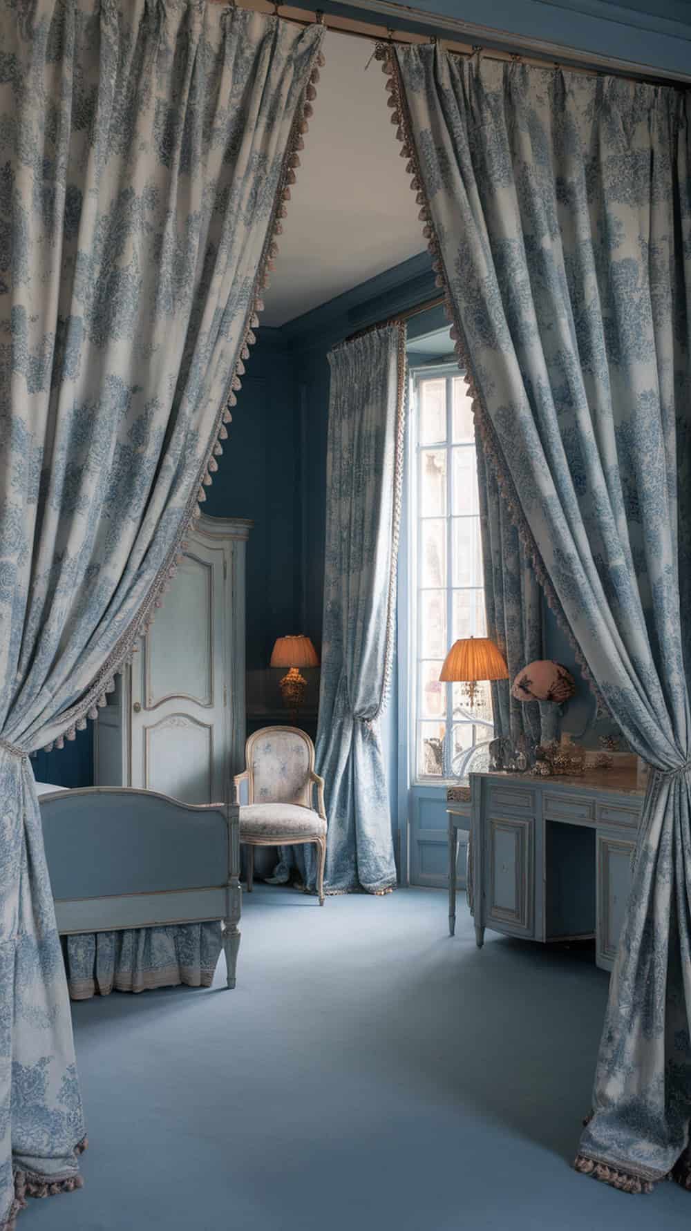 A cozy bedroom with soft blue toile print curtains, a blue wall, and elegant furniture.