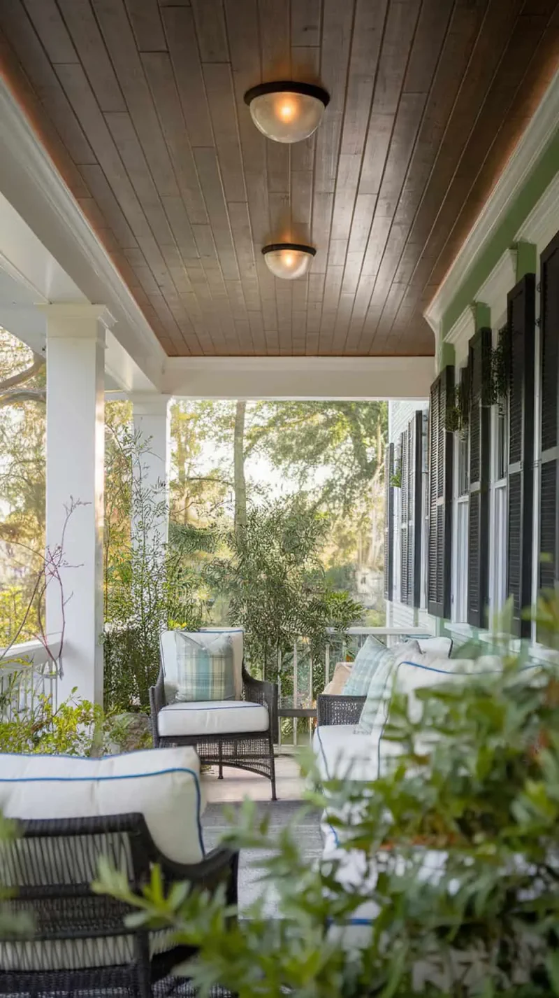 A porch with a stained tongue and groove ceiling, showcasing cozy seating and plants.