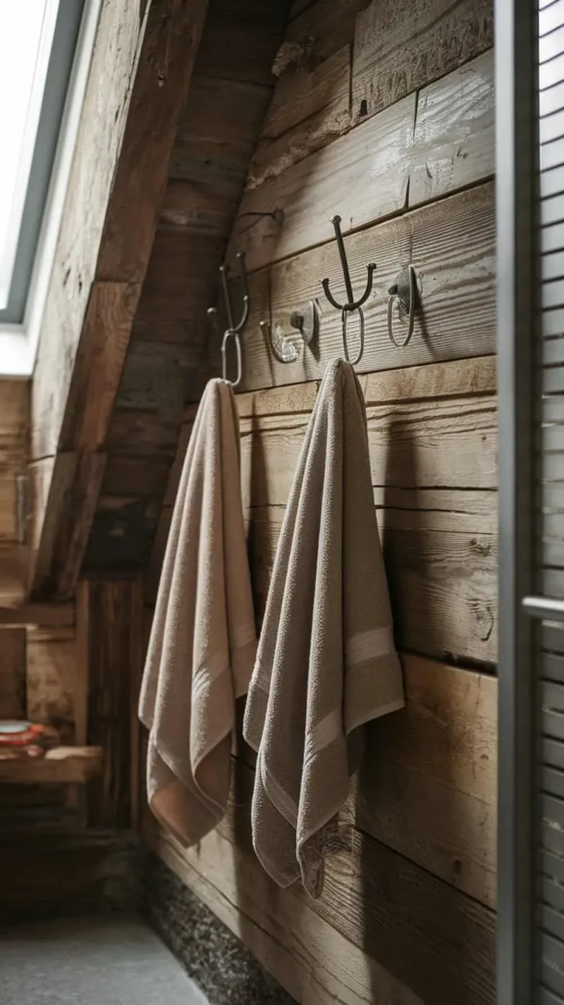 Rustic towel hooks made from reclaimed wood with towels hanging on them.