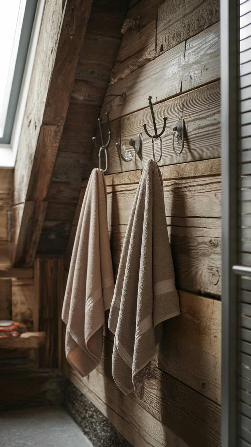 Rustic towel hooks made from reclaimed wood with towels hanging on them.