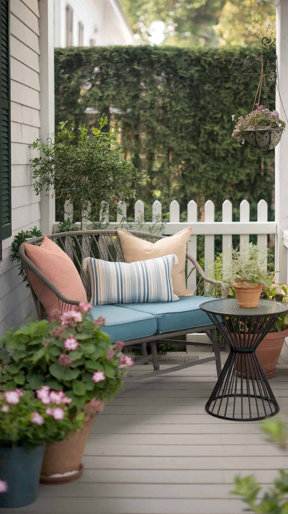 A cozy two-person bench with colorful pillows and a small side table surrounded by plants.
