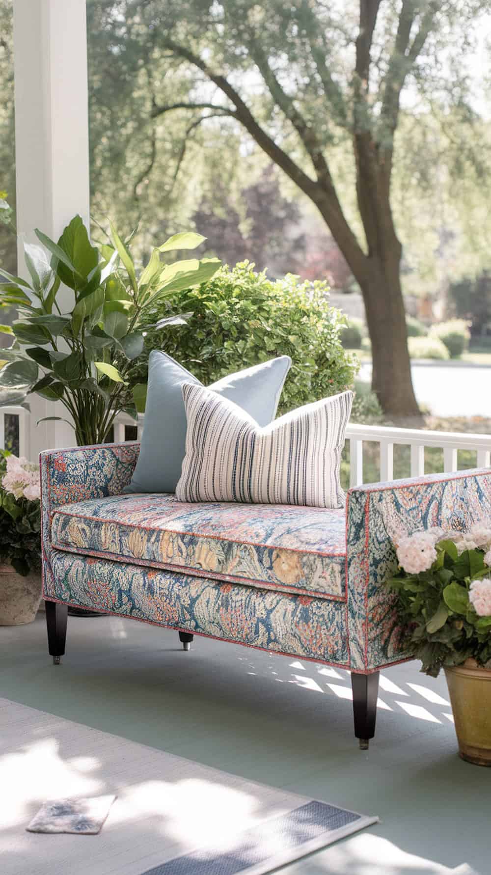 A colorful upholstered bench with pillows on a porch surrounded by plants.