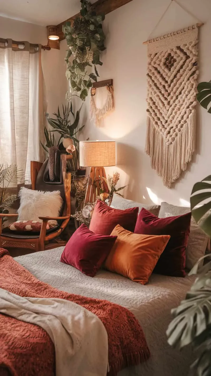 A cozy bedroom featuring velvet pillows in deep jewel tones on a bed, surrounded by warm decor.