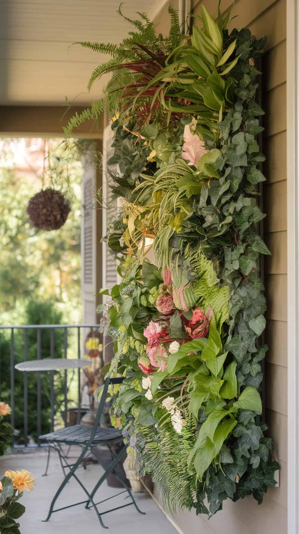 A vertical wall garden filled with various plants and flowers on a narrow porch.