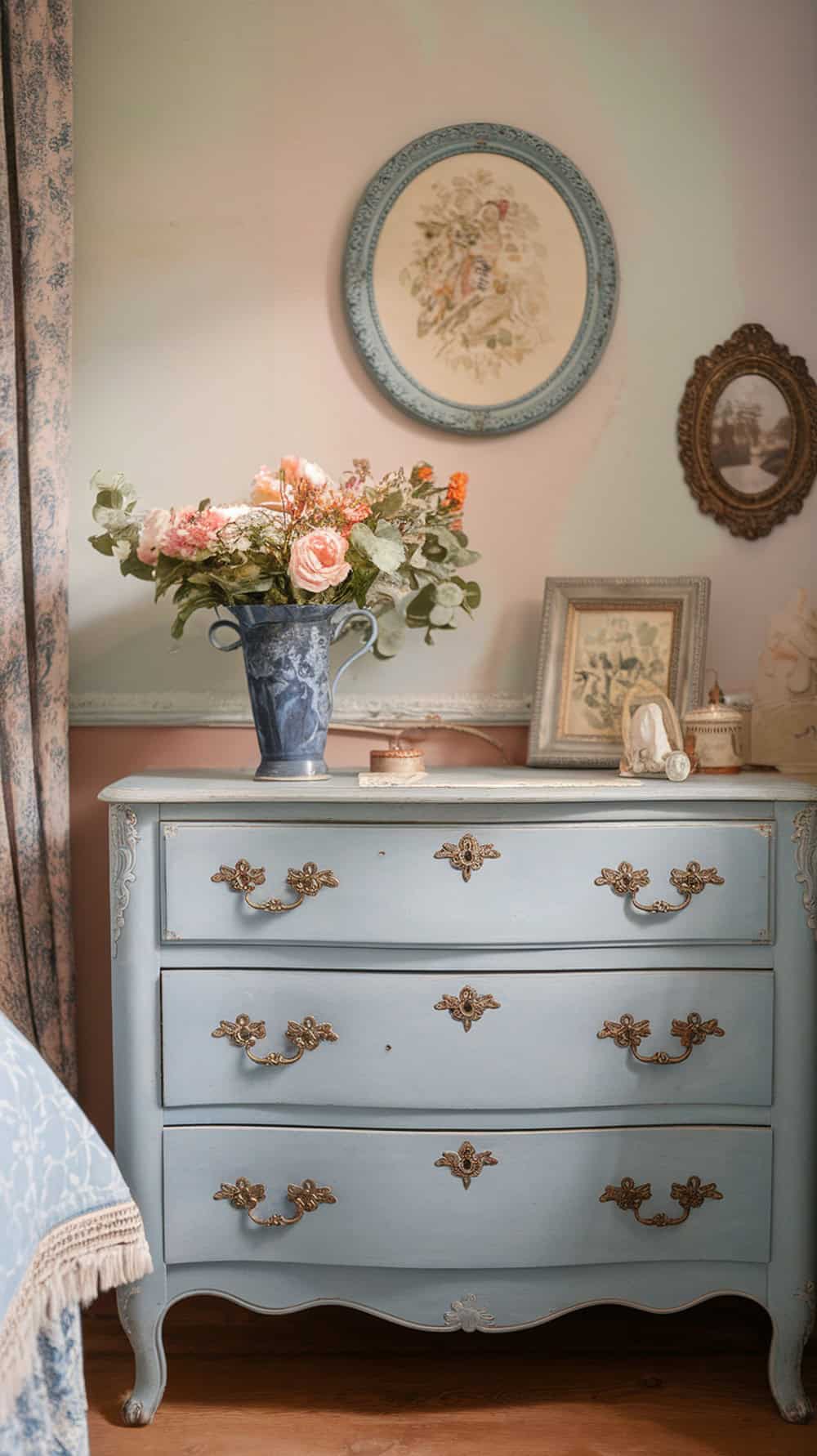 A vintage blue dresser with brass handles, decorated with a vase of flowers and framed pictures.