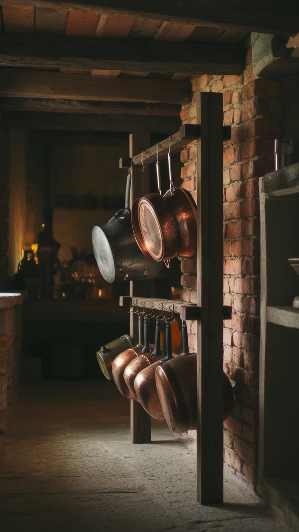 Vintage copper pots hanging on a rustic rack in a cozy kitchen