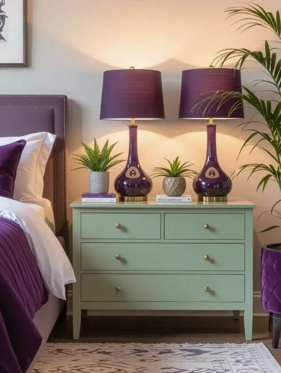 vintage green nightstands violet lamps