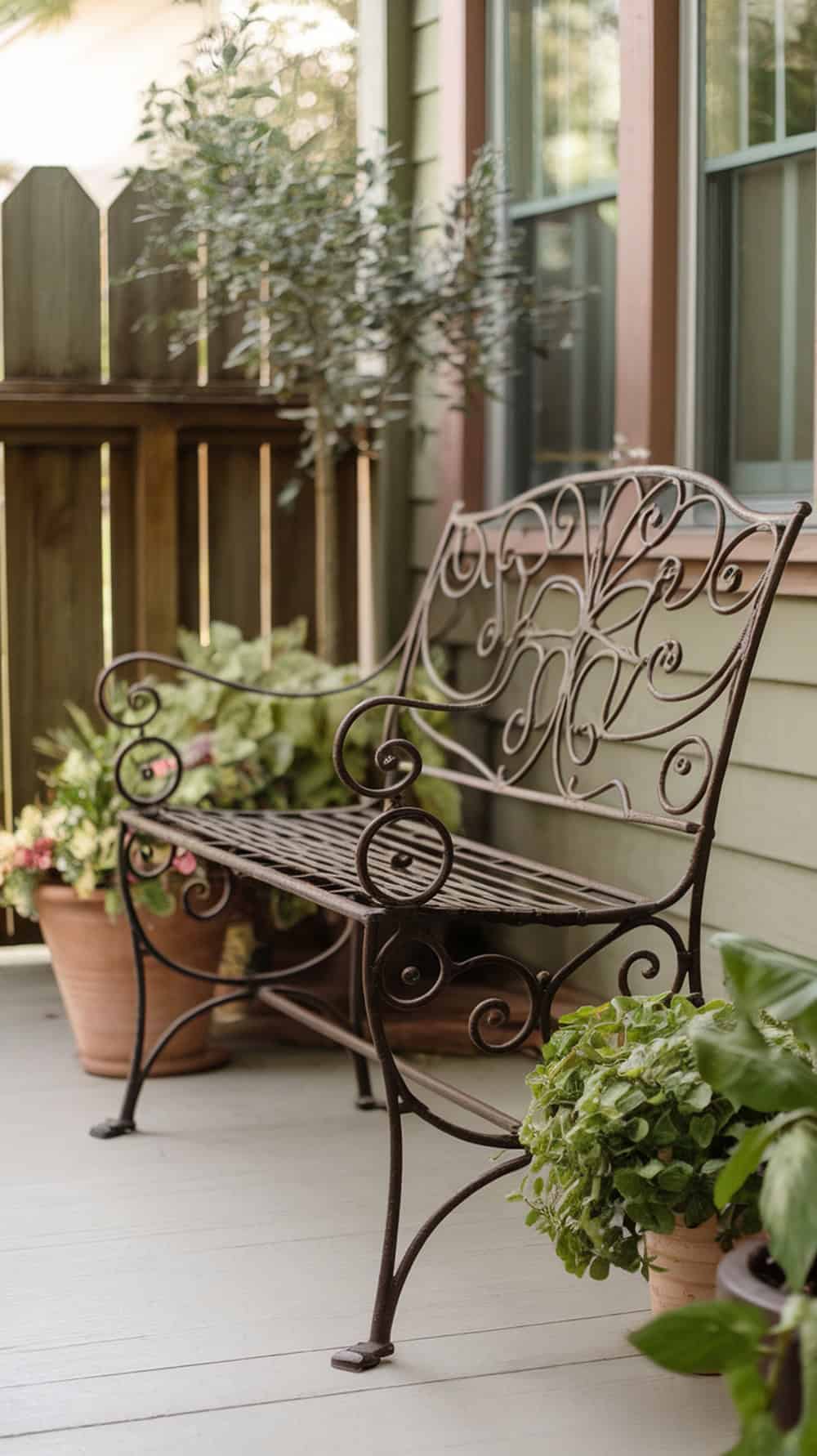 A vintage iron bench with curved details, surrounded by potted plants on a porch.