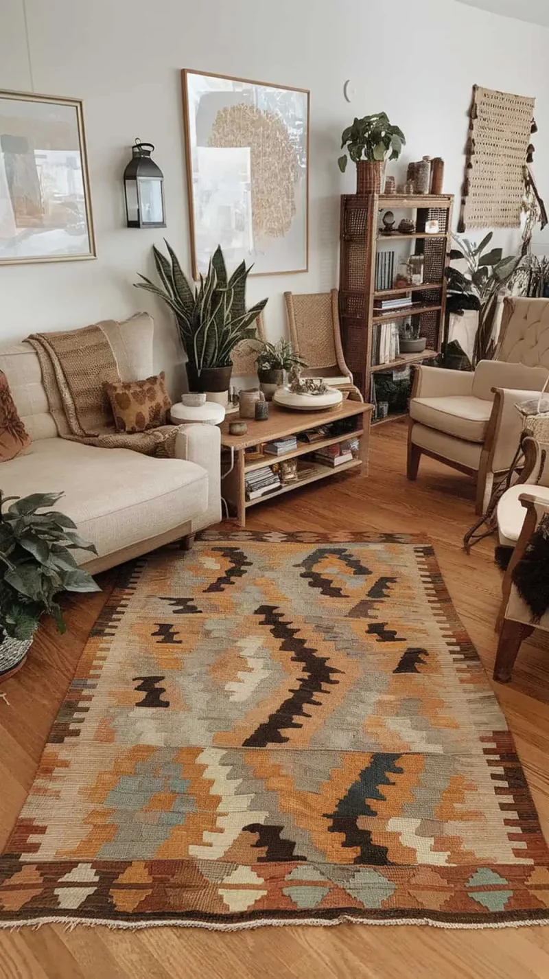 A cozy living room featuring a vintage Kilim rug with earthy tones, surrounded by plants and boho decor.