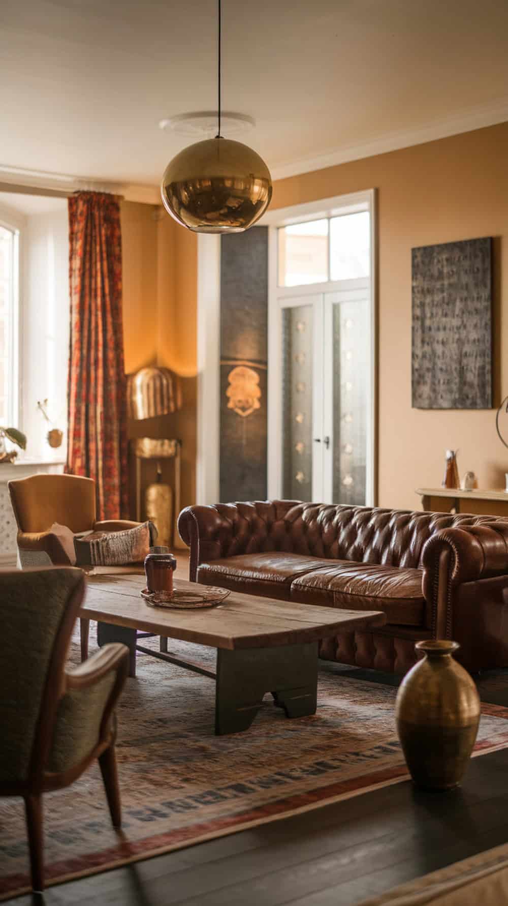 A cozy living room featuring a vintage leather sofa and brass lighting.
