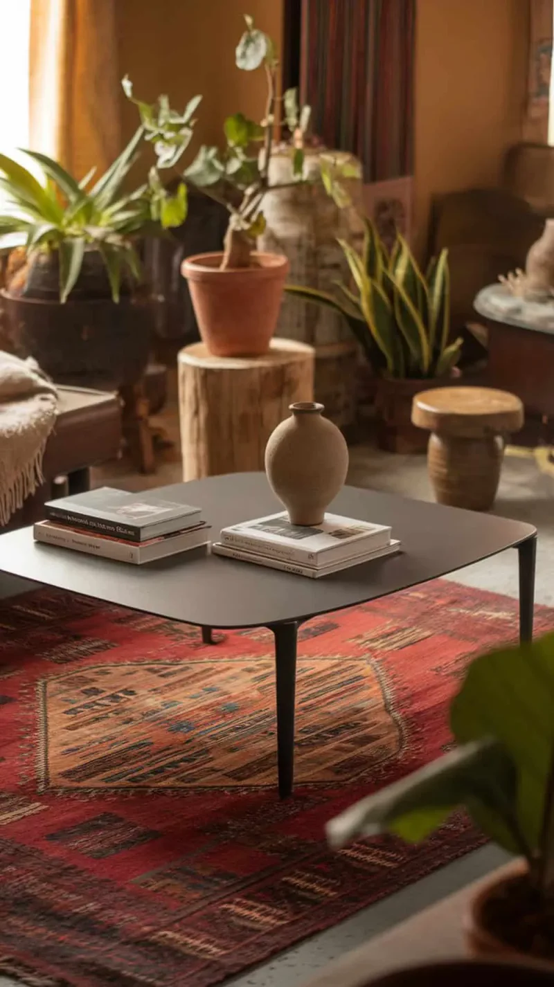 A cozy living room featuring a vintage rug and a modern coffee table with books and a vase.