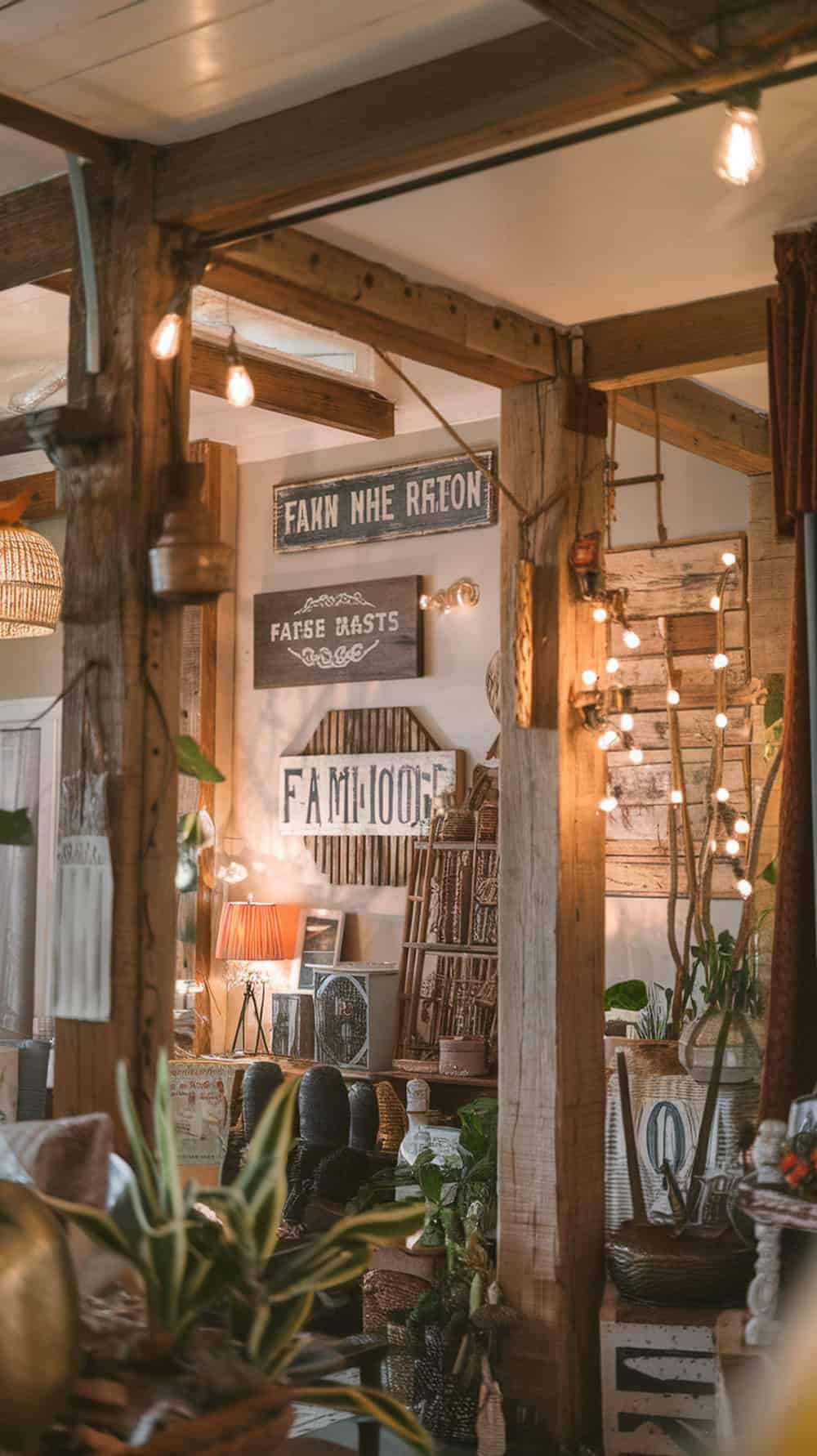 A cozy farmhouse interior featuring vintage signs and warm lighting.