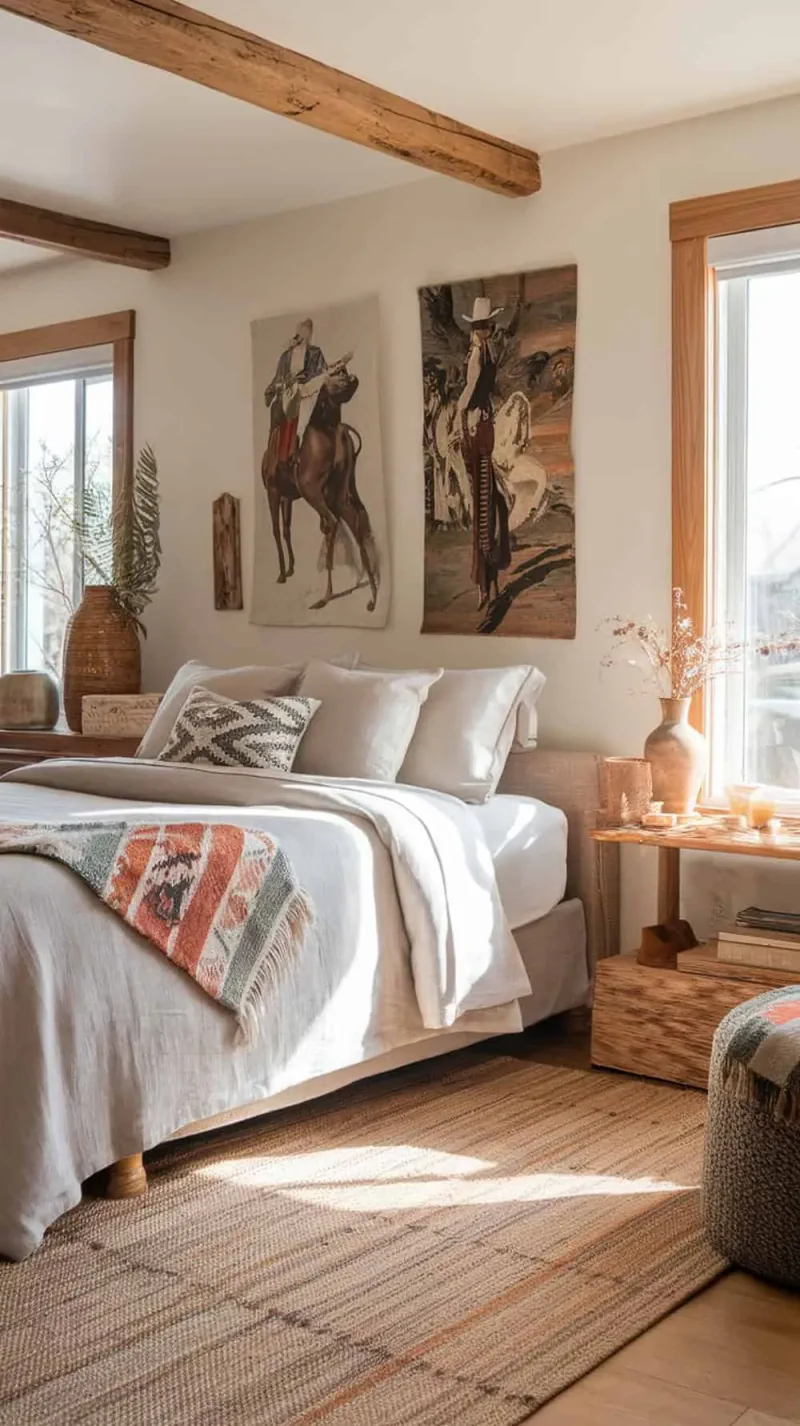 A cozy bedroom with a linen bed and vintage Western art on the wall.