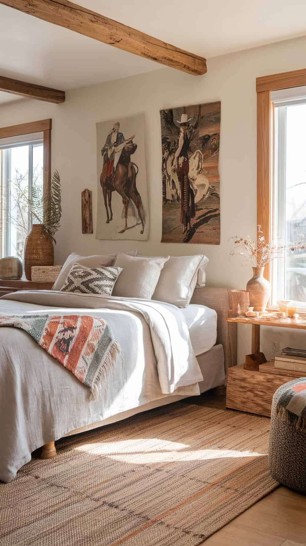 A cozy bedroom with a linen bed and vintage Western art on the wall.