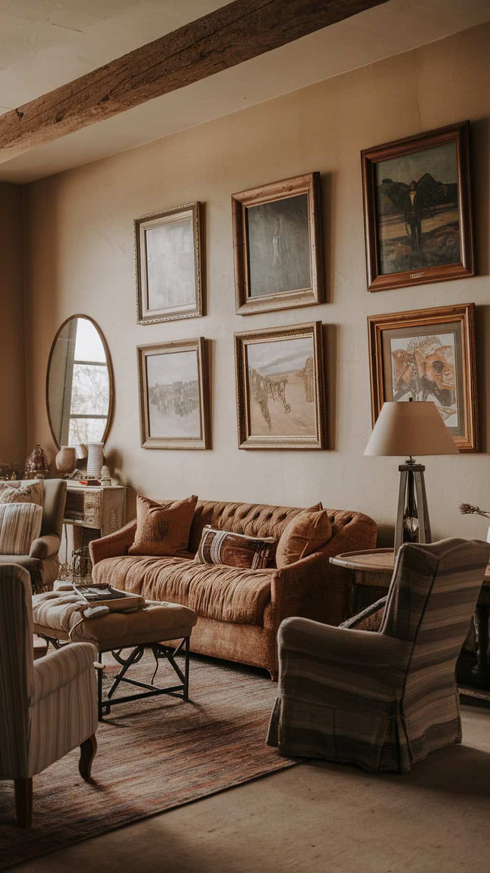 A cozy living room featuring vintage Western art in simple wood frames on the wall, with a warm-toned sofa and a comfortable atmosphere.
