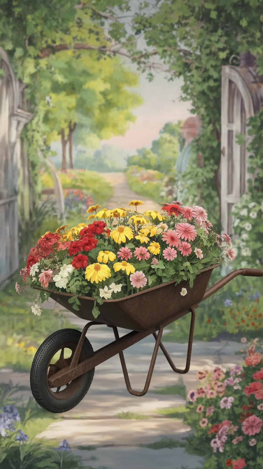 A vintage wheelbarrow overflowing with colorful flowers in a garden setting.