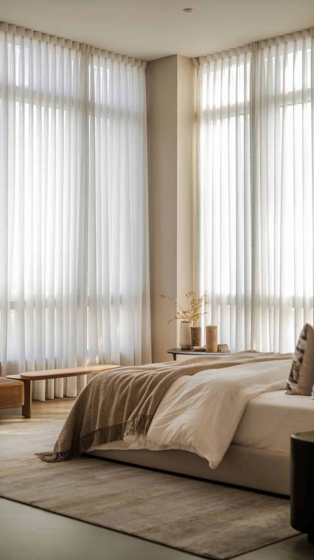 A modern bedroom with wall-to-wall windows and sheer curtains, showcasing a cozy and bright atmosphere.