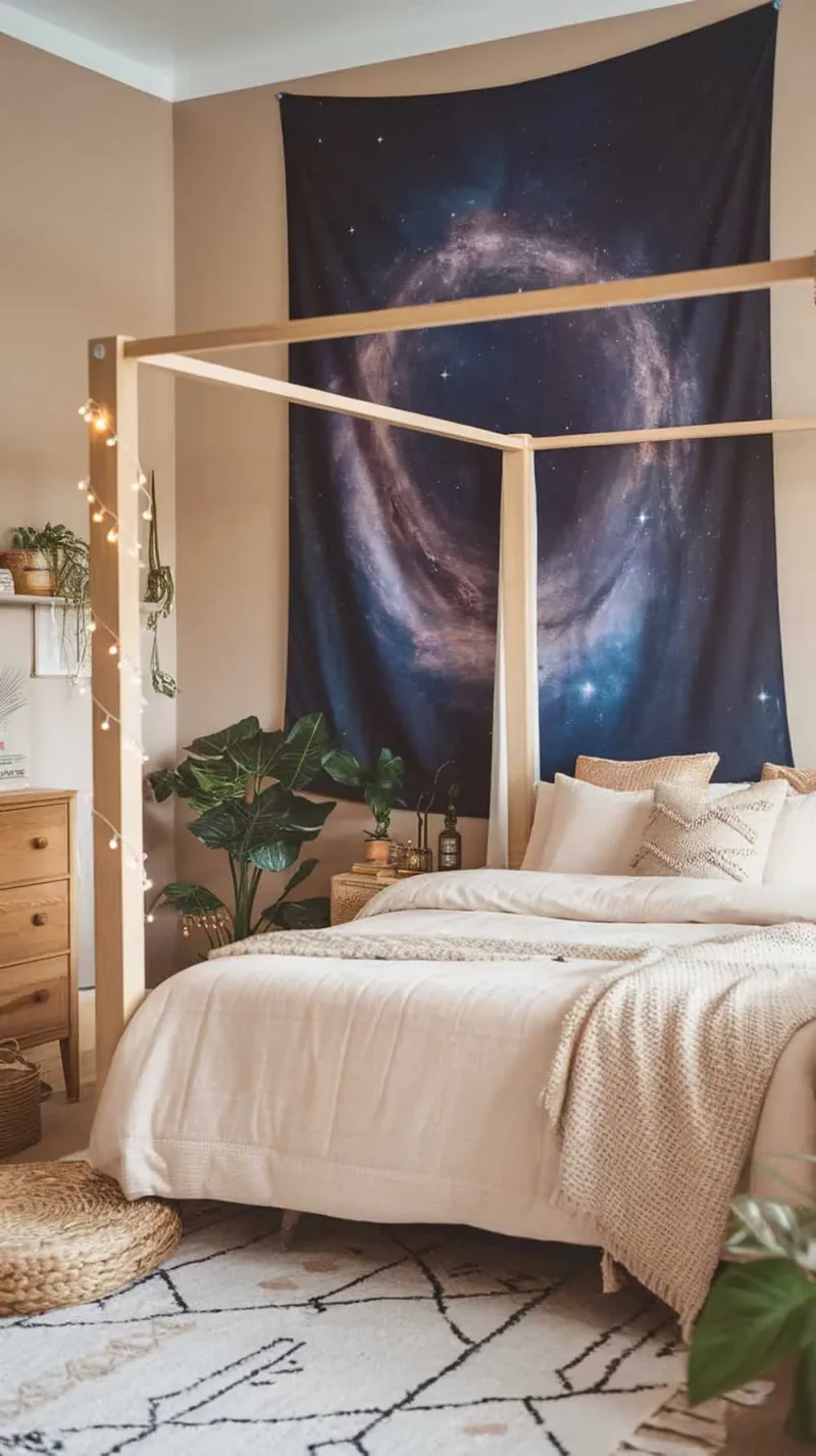 A cozy bedroom featuring a galaxy-themed wall tapestry, a four-poster bed, and indoor plants.