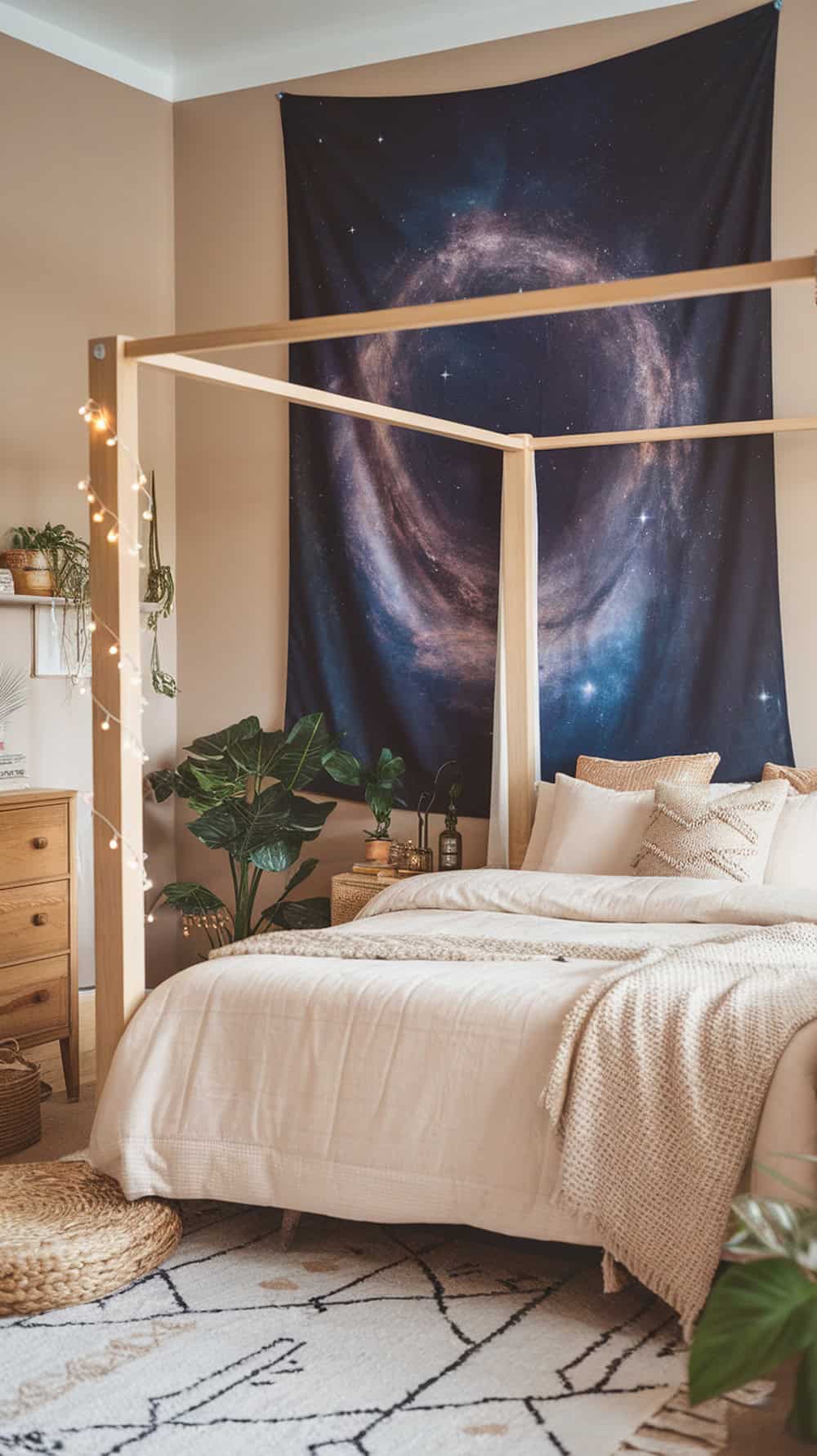 A cozy bedroom featuring a galaxy-themed wall tapestry, a four-poster bed, and indoor plants.
