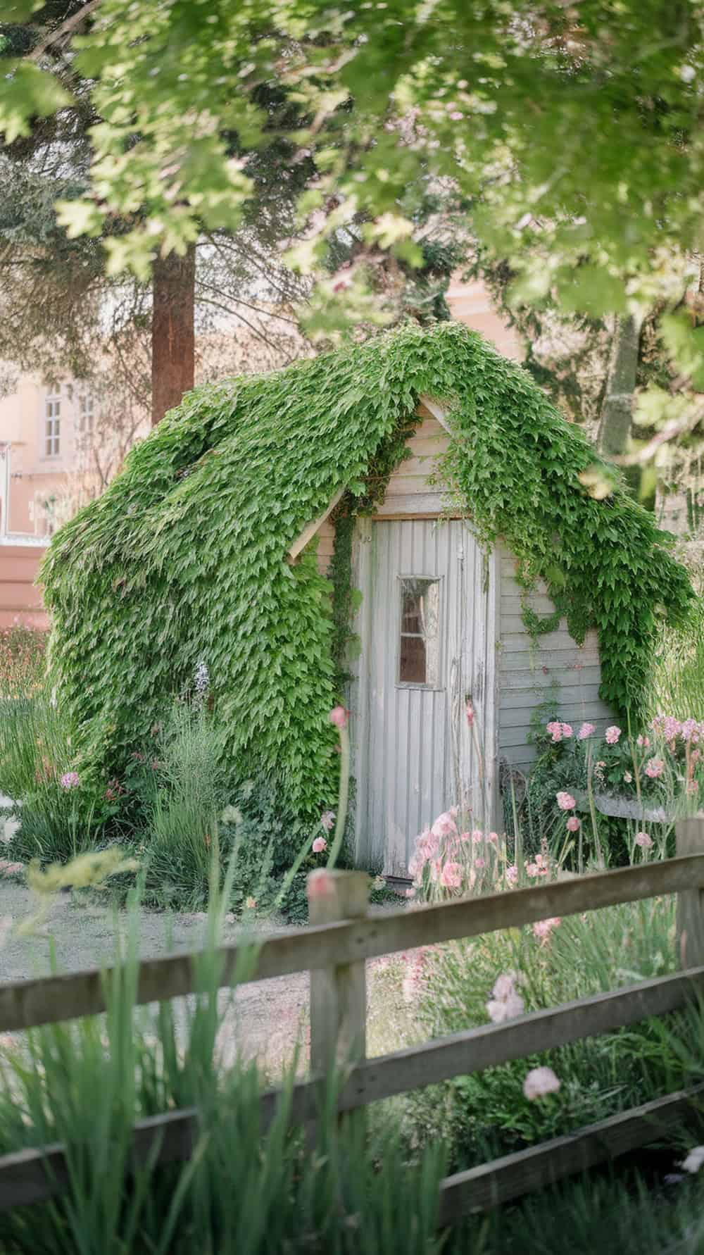 A weathered garden shed covered in ivy, surrounded by flowers and greenery.