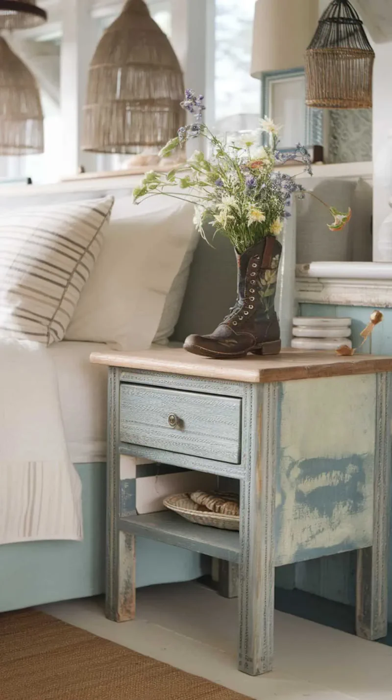 A weathered nightstand with a vintage boot vase filled with flowers, showcasing rustic and coastal decor.