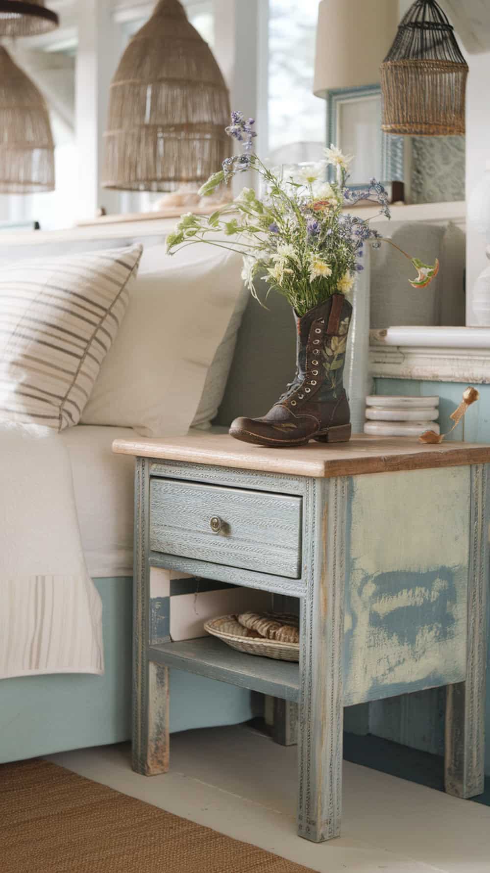 A weathered nightstand with a vintage boot vase filled with flowers, showcasing rustic and coastal decor.