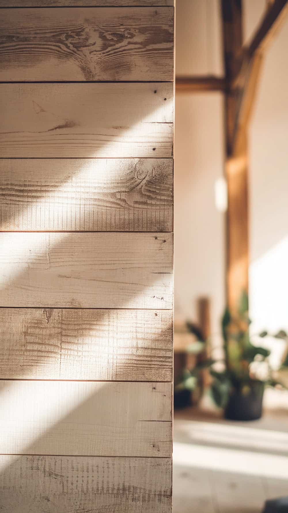 A close-up of a weathered shiplap wall in neutral tones with soft lighting