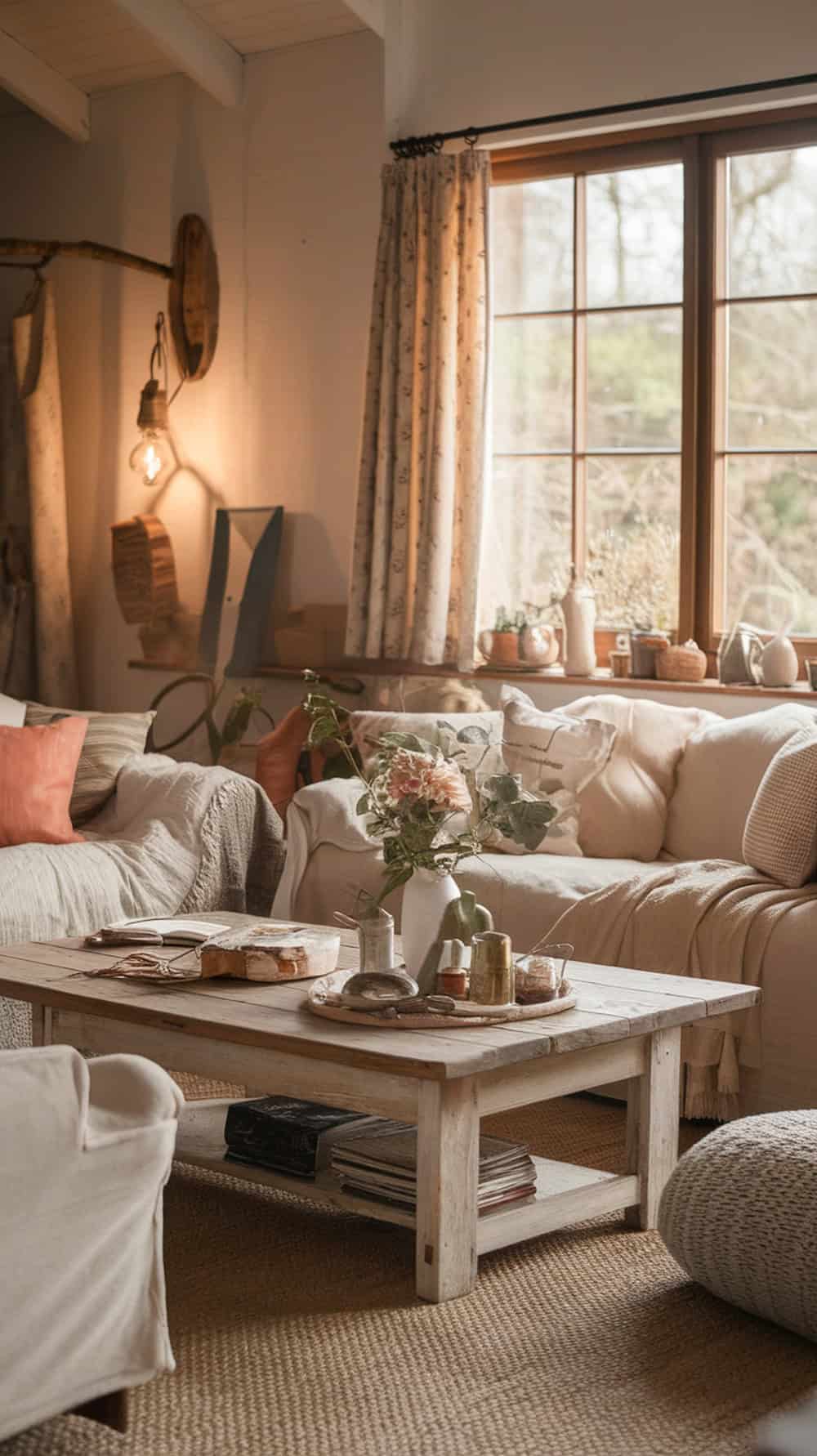 A cozy living room featuring a weathered wood coffee table surrounded by soft couches and natural light.
