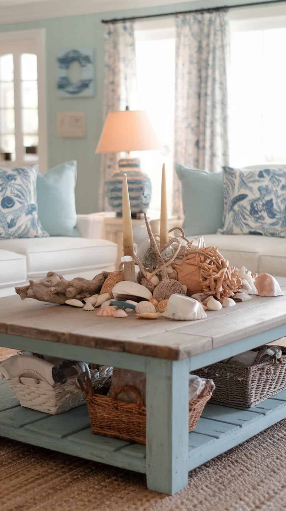 Cozy living room with a weathered wood coffee table decorated with seashells and candles.