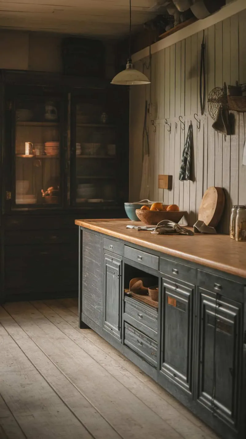 A rustic kitchen featuring weathered wood floors with a deep brown finish.