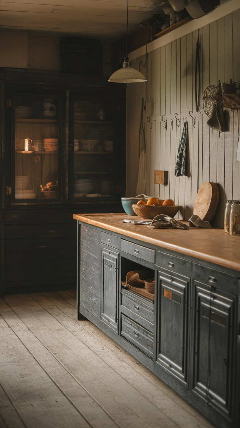 A rustic kitchen featuring weathered wood floors with a deep brown finish.