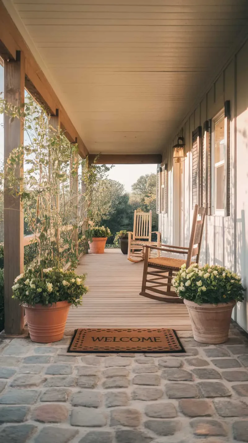 A rustic welcome mat on a porch with rocking chairs and potted plants.