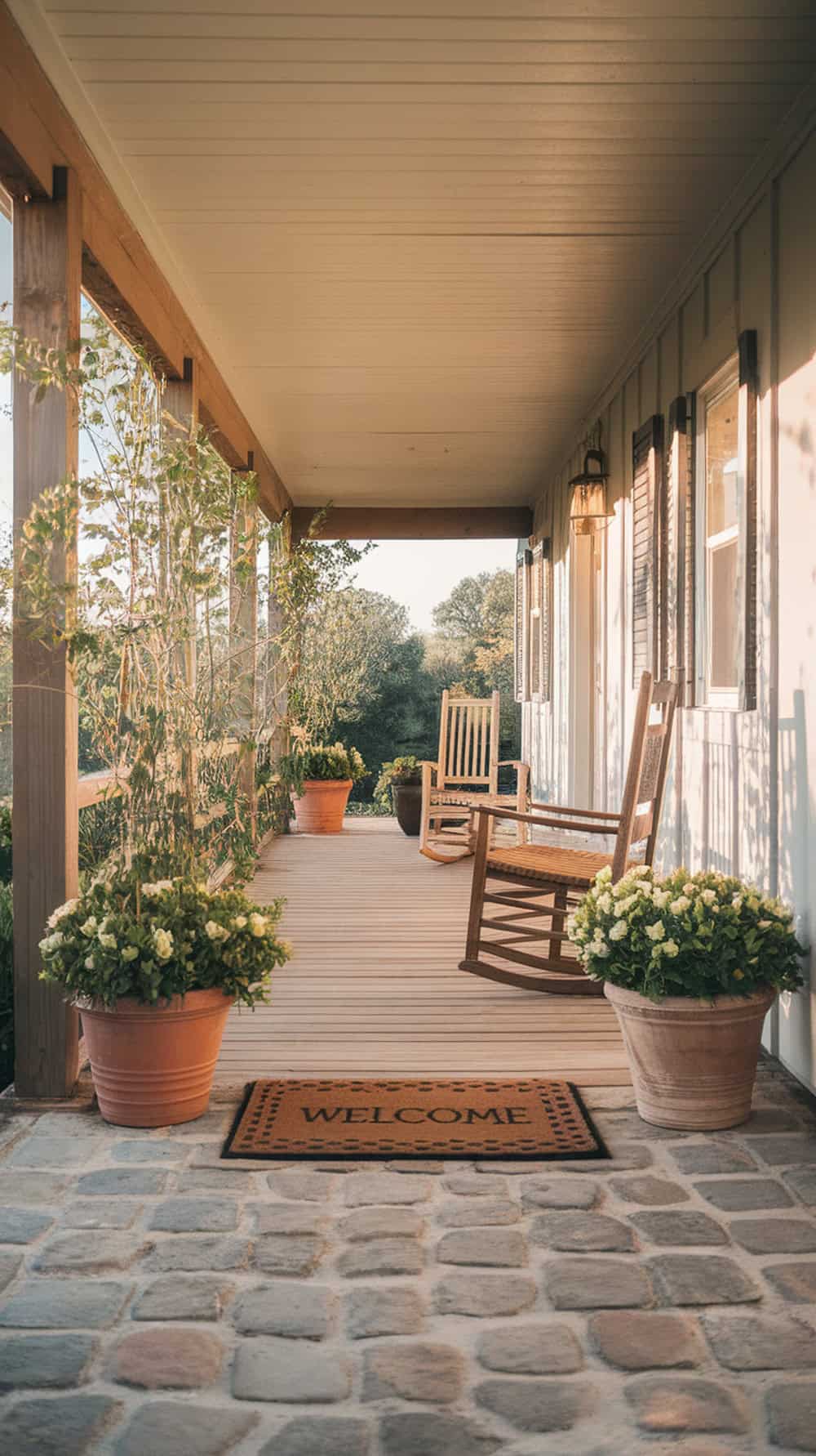 A rustic welcome mat on a porch with rocking chairs and potted plants.