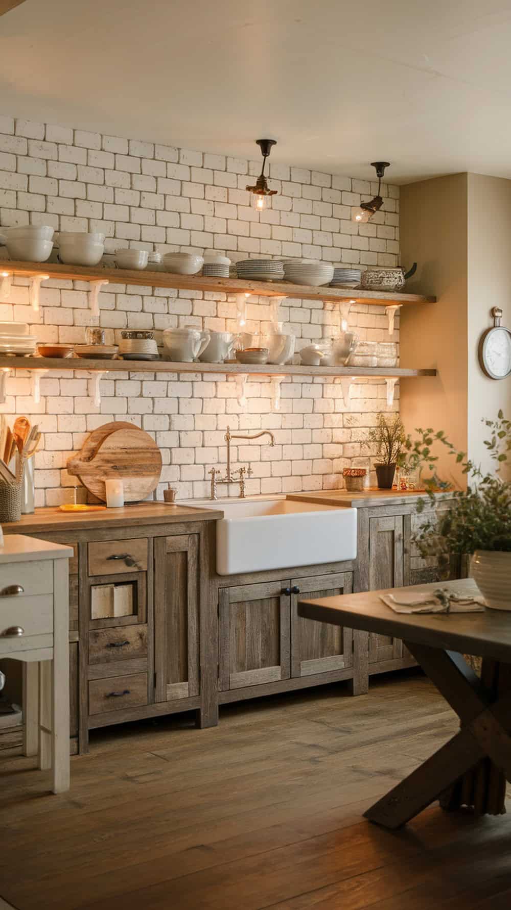 A cozy farmhouse kitchen featuring a white brick backsplash and a large farmhouse sink.