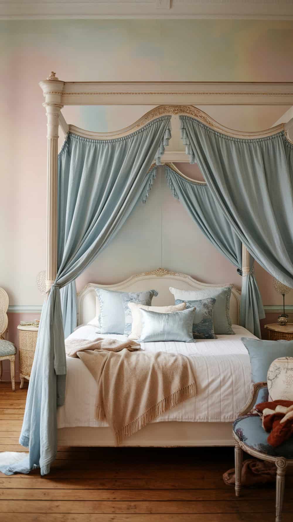 A cozy bedroom with a white canopy bed draped in blue fabric, surrounded by soft pillows and a warm throw blanket.