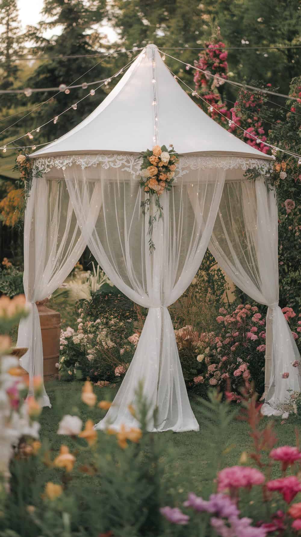 A white canopy tent with sheer curtains surrounded by colorful flowers in a garden.