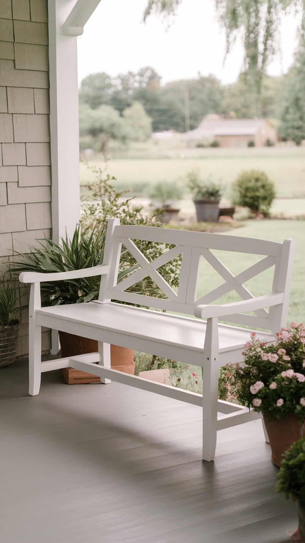 A white farmhouse bench with a crisscross back design on a porch surrounded by plants.