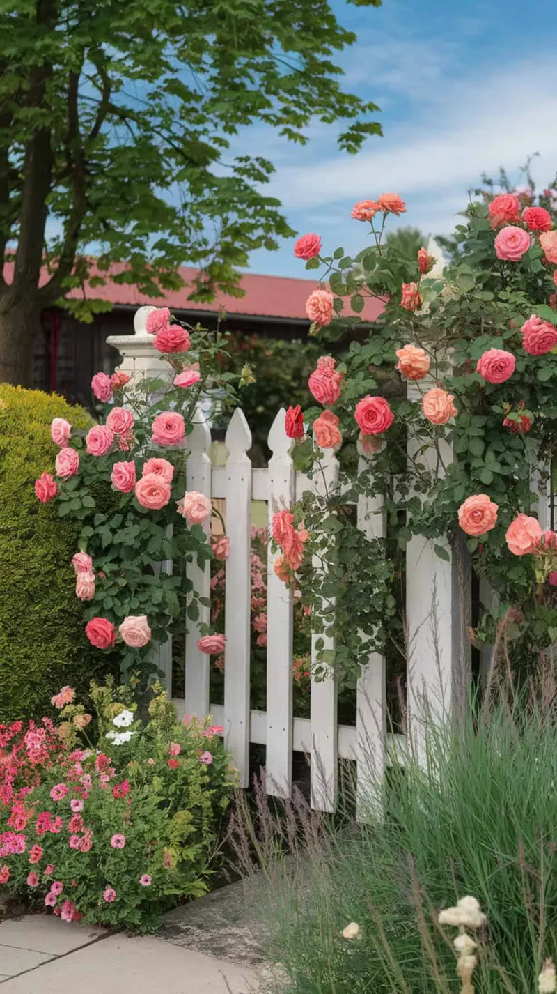 A charming white picket fence adorned with climbing roses in shades of pink and peach, surrounded by lush greenery.