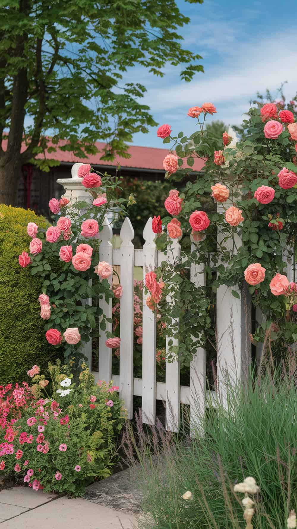 A charming white picket fence adorned with climbing roses in shades of pink and peach, surrounded by lush greenery.