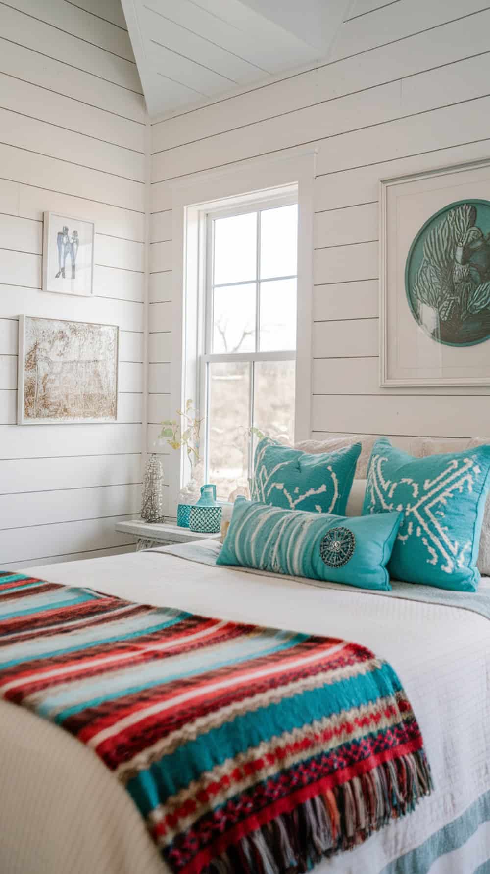 A cozy bedroom with white shiplap walls and turquoise decor elements.