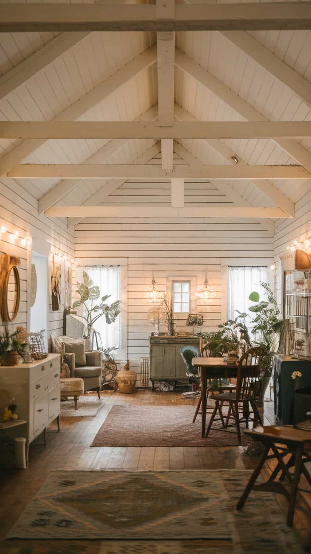 Interior of a cozy farmhouse cottage with white shiplap walls and wooden beams.