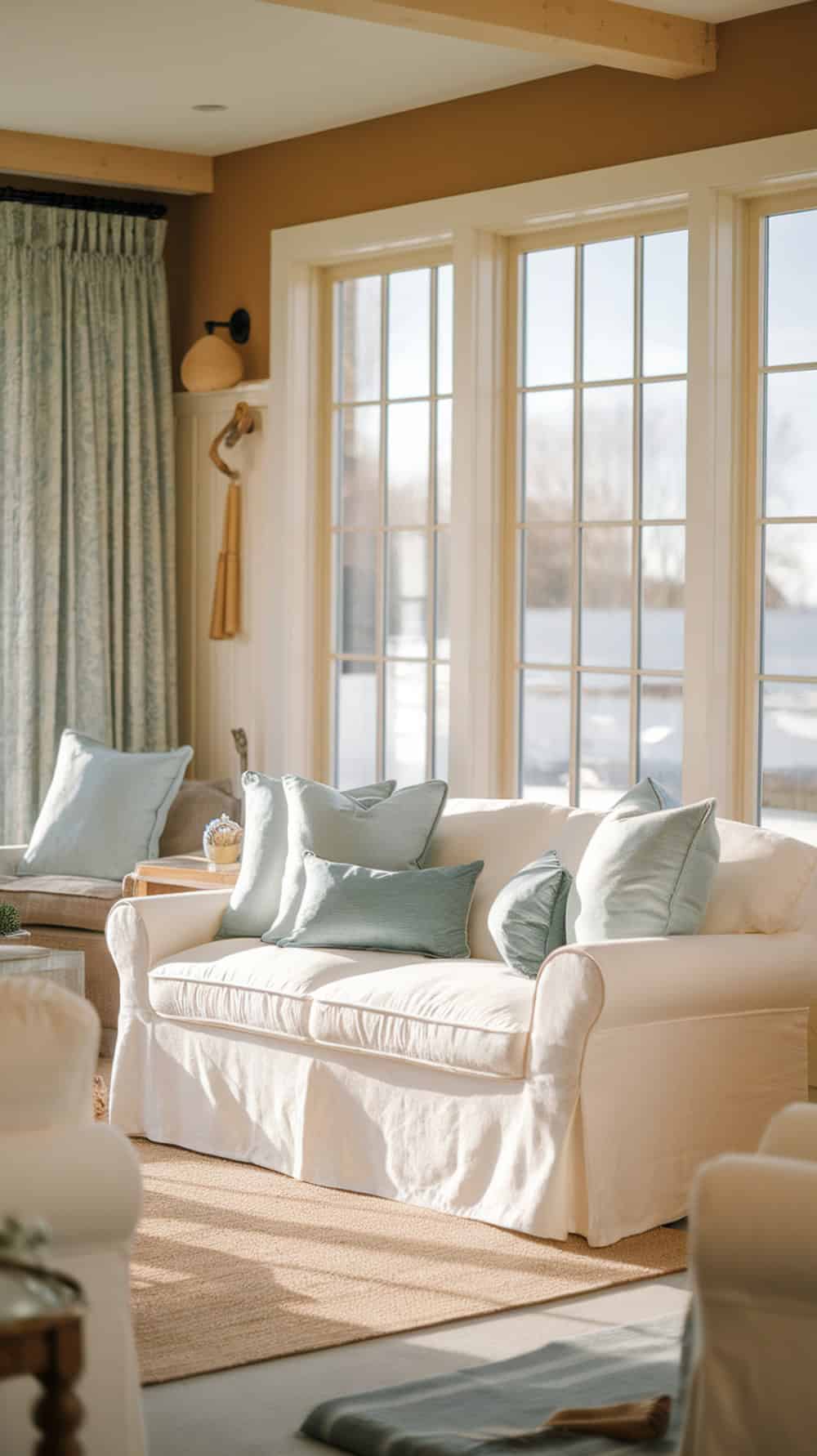 A cozy living room with a white slipcovered sofa and soft blue pillows, featuring large windows and natural light.