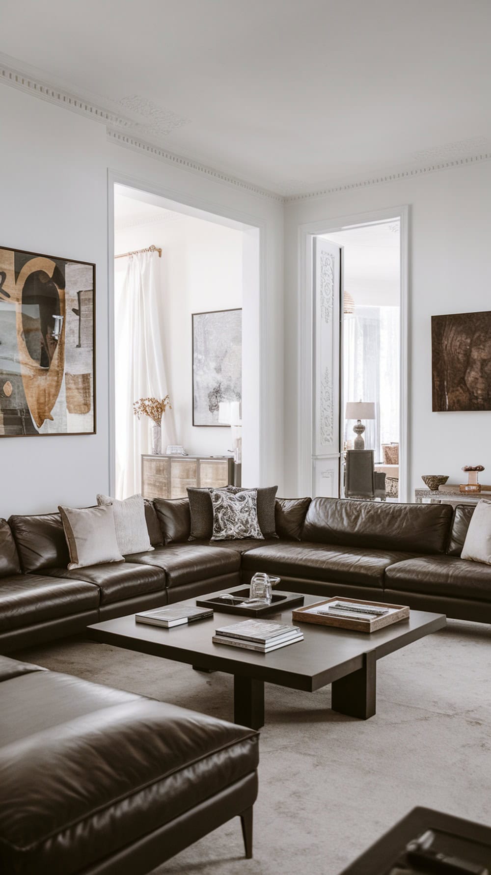 Living room with dark leather sectional couch and white walls