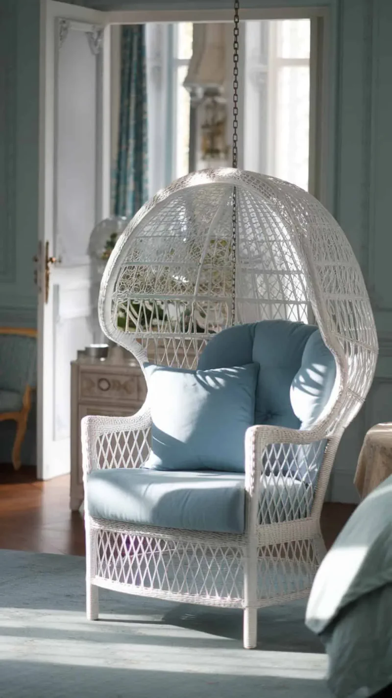 A white wicker chair with blue cushions in a bright room