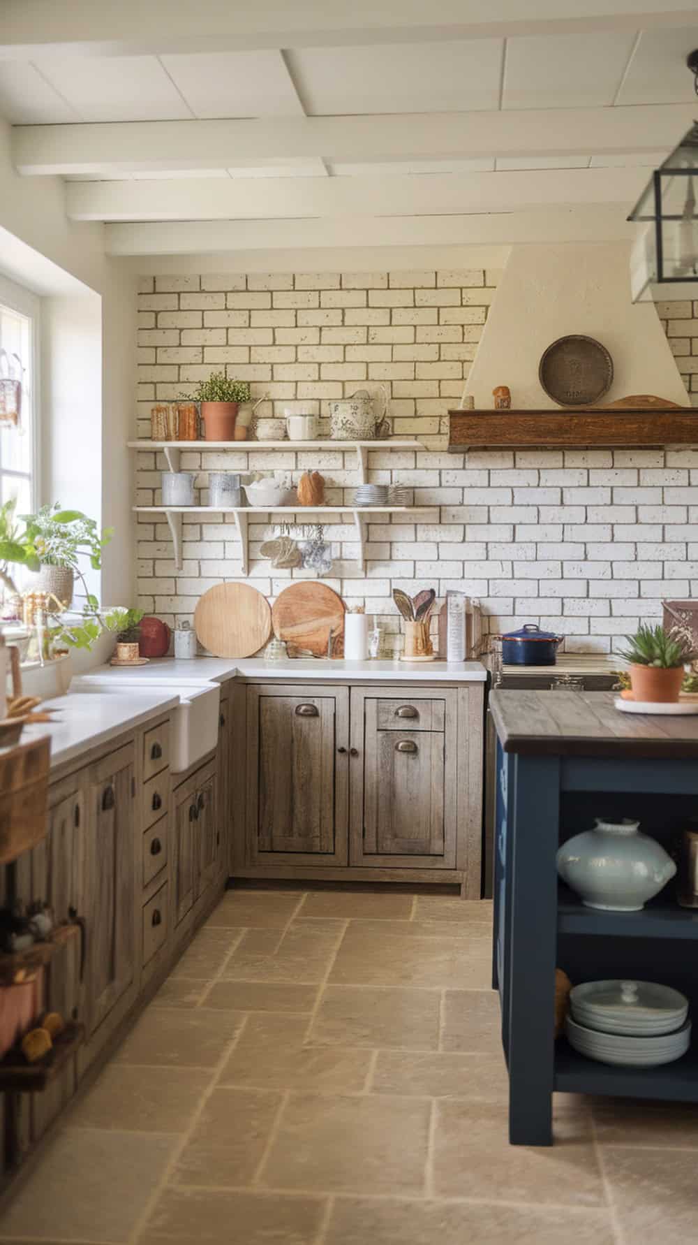 A cozy farmhouse kitchen featuring a whitewashed brick backsplash, wooden cabinets, and rustic decor.