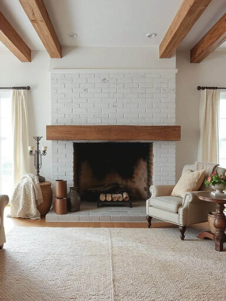 whitewashed brick fireplace makeover