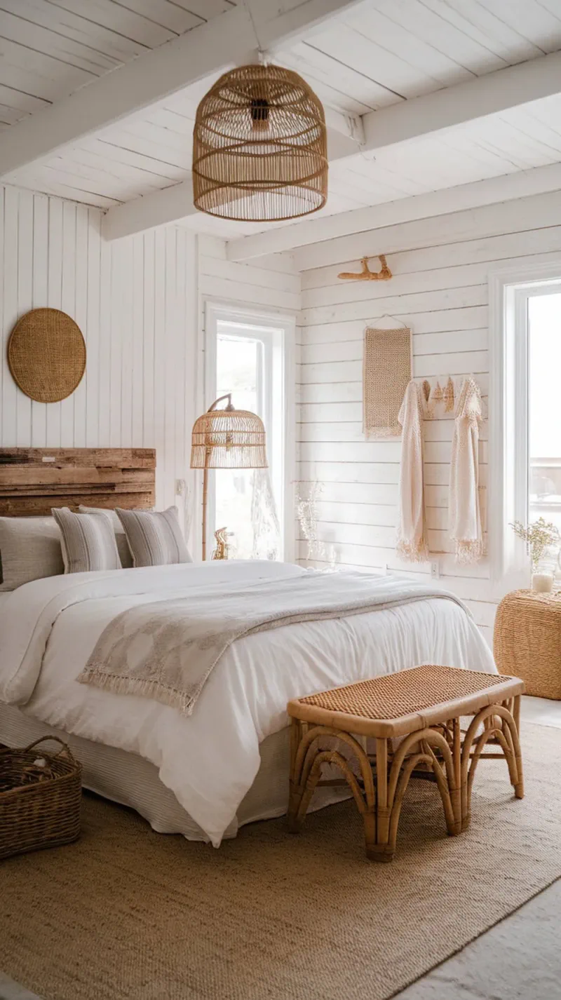 Coastal cowgirl bedroom with whitewashed wood walls and rattan accents