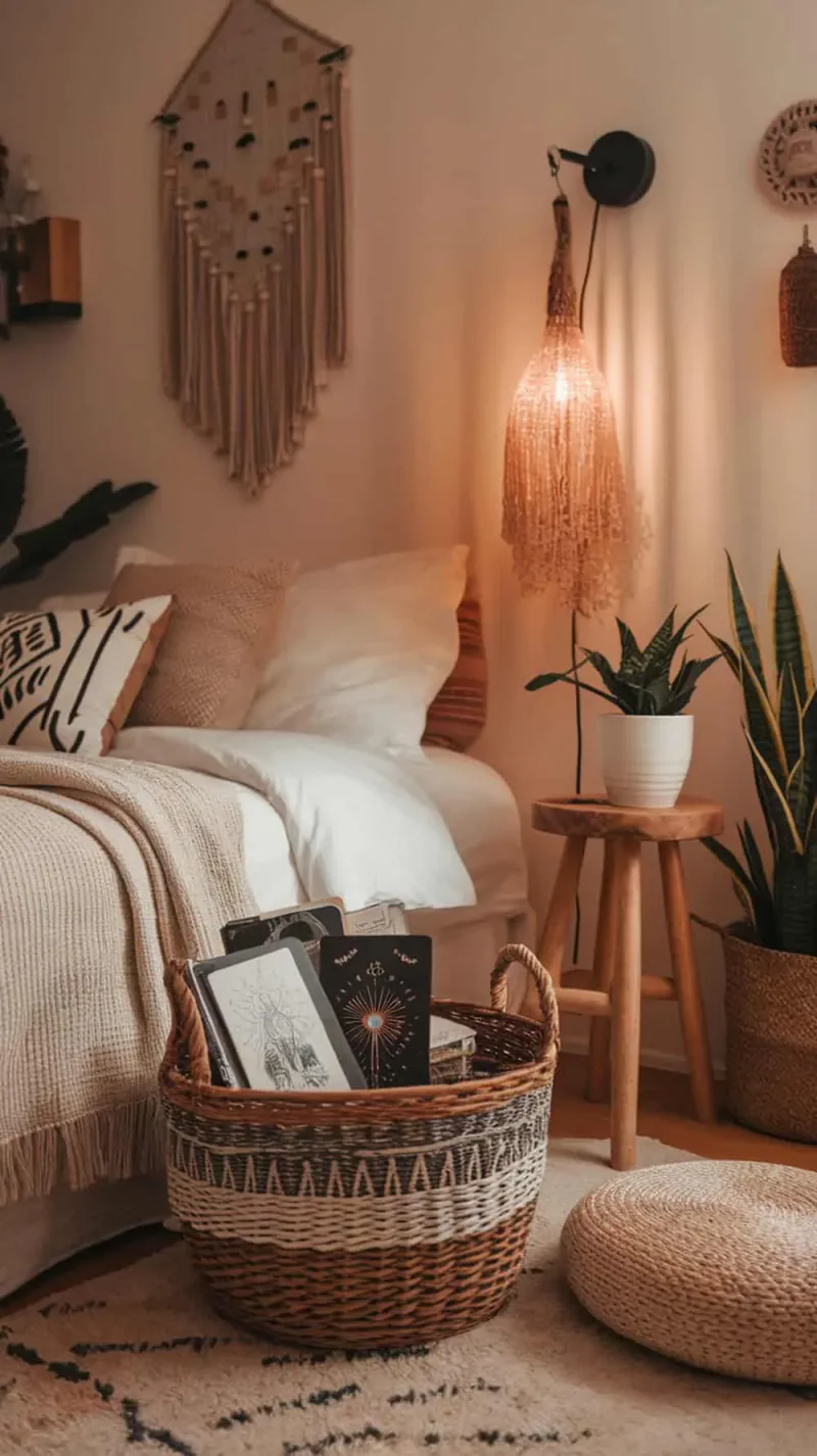 A wicker basket with tarot cards next to a bed in a cozy boho witchy bedroom.
