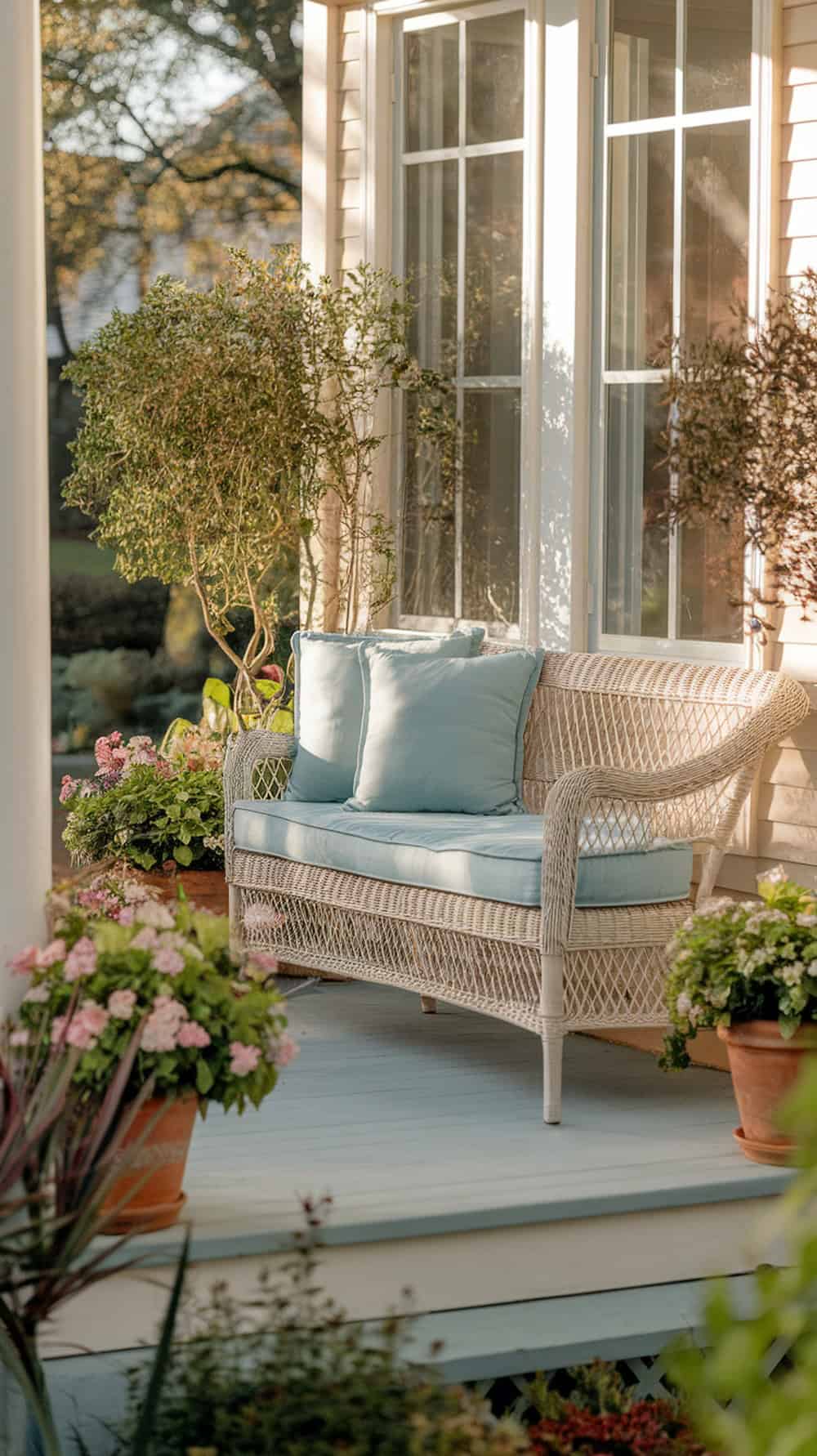 A wicker bench with soft blue cushions on a porch surrounded by flowers.