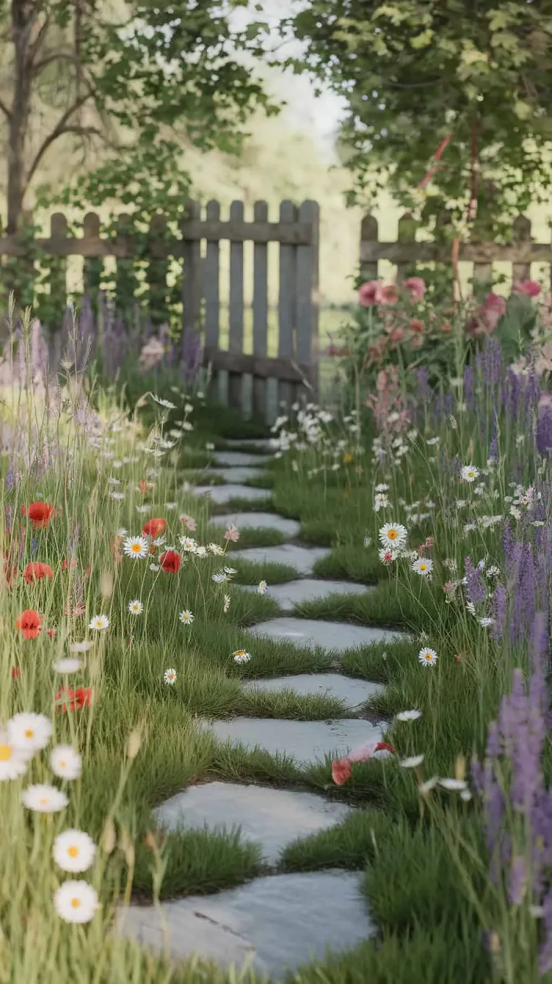 A winding stone path surrounded by wildflowers and greenery